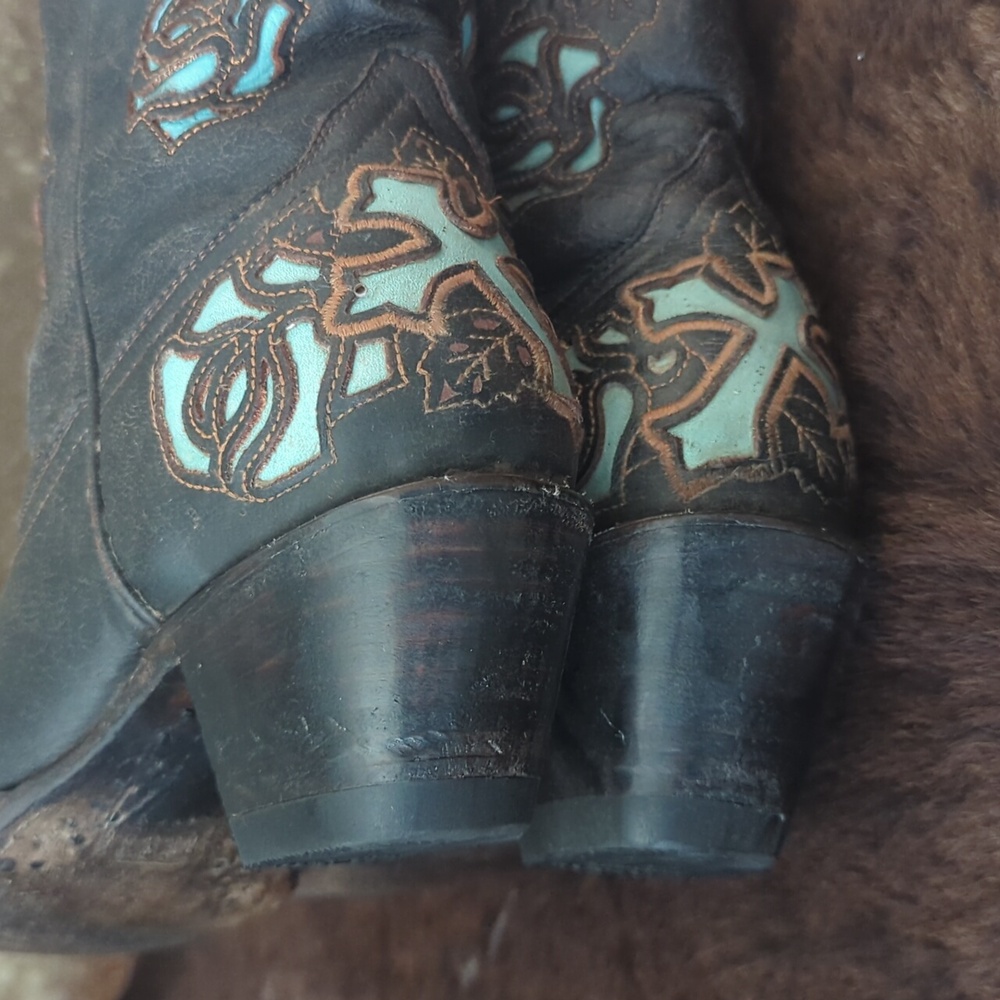 CORRAL R2482 Espresso brown & turquoise inlay crosses & roses cowgirl boots sz 7 - Picture 12 of 16